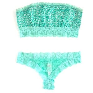 New! VICTORIA'S SECRET PINK ALL OVER LACE SEQUIN BANDEAU SET M